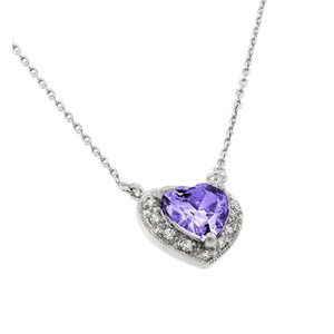 Silver 925 Rhodium Plated CZ Heart February Birthstone Necklace